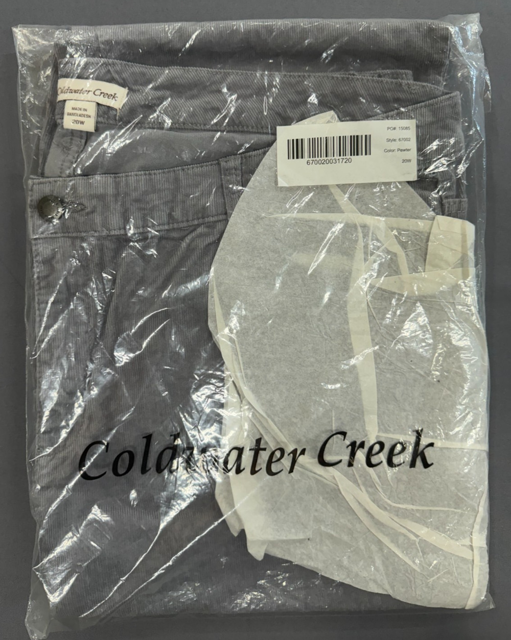 NWT Coldwater Creek Women's 20W Plus Corduroy Pants Pewter Straight Leg Stretch